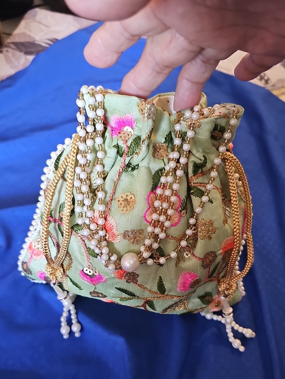 Handmade Embroidered Indian Potli Wedding BadGreen Floral Drawstring